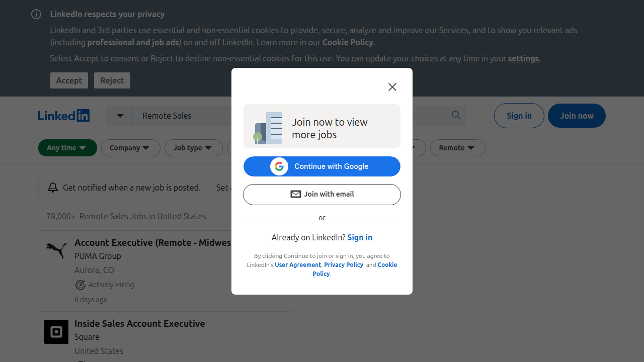 A screenshot of a LinkedIn Jobs search page, filtered for 'remote sales jobs,' demonstrating how to use major career sites to find opportunities.