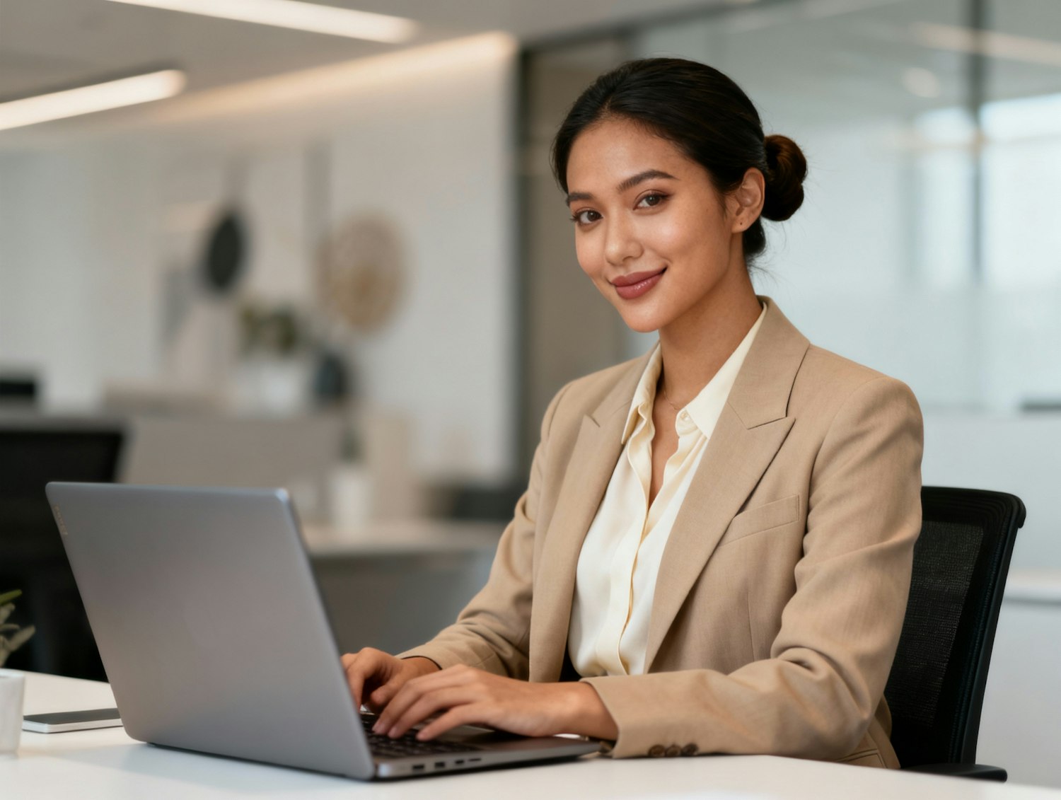 A professional focused on a laptop in a modern home office, symbolizing confidence and productivity in a remote work setting.