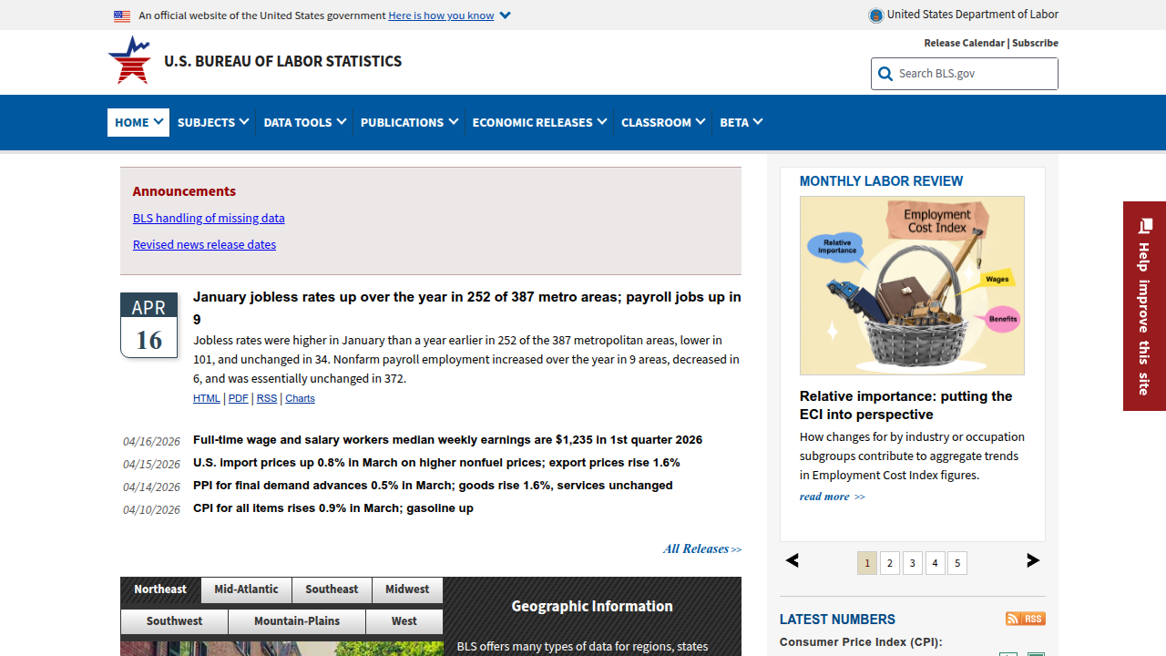 Screenshot of the official U.S. Bureau of Labor Statistics website, a reliable source for employment data and career outlooks.
