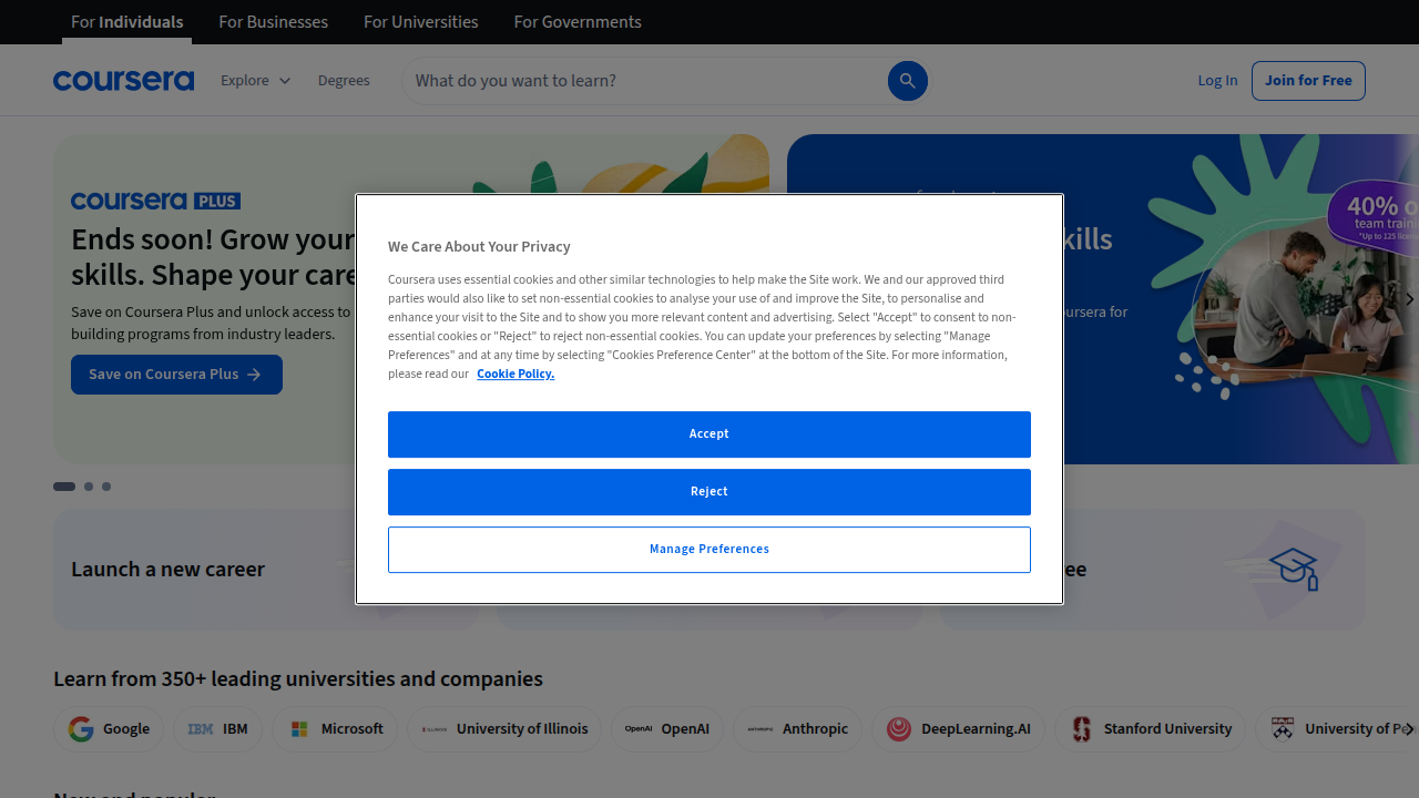 Screenshot of the Coursera homepage, an online learning platform offering various courses including those in supply chain and logistics.