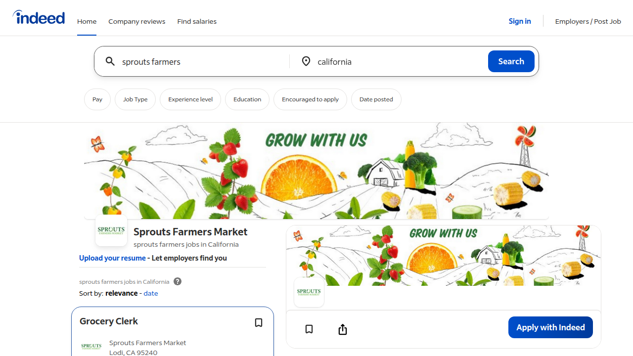 An Indeed search reveals typical in-store roles like 'Produce Clerk' or 'Deli Manager' for Sprouts Farmers Market.