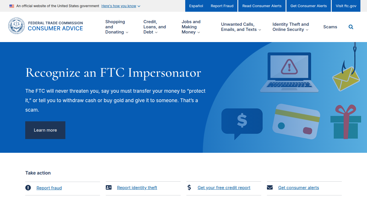 The Federal Trade Commission's (FTC) Consumer Advice page, a resource for identifying and avoiding job scams.