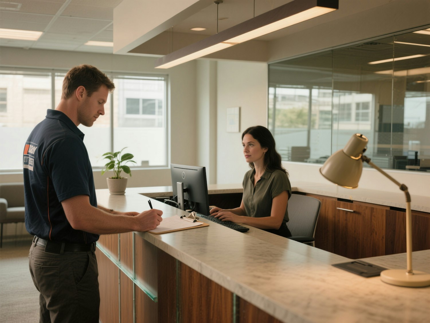 A job applicant checking in at a reception desk, being greeted by a staff member at a hiring center.