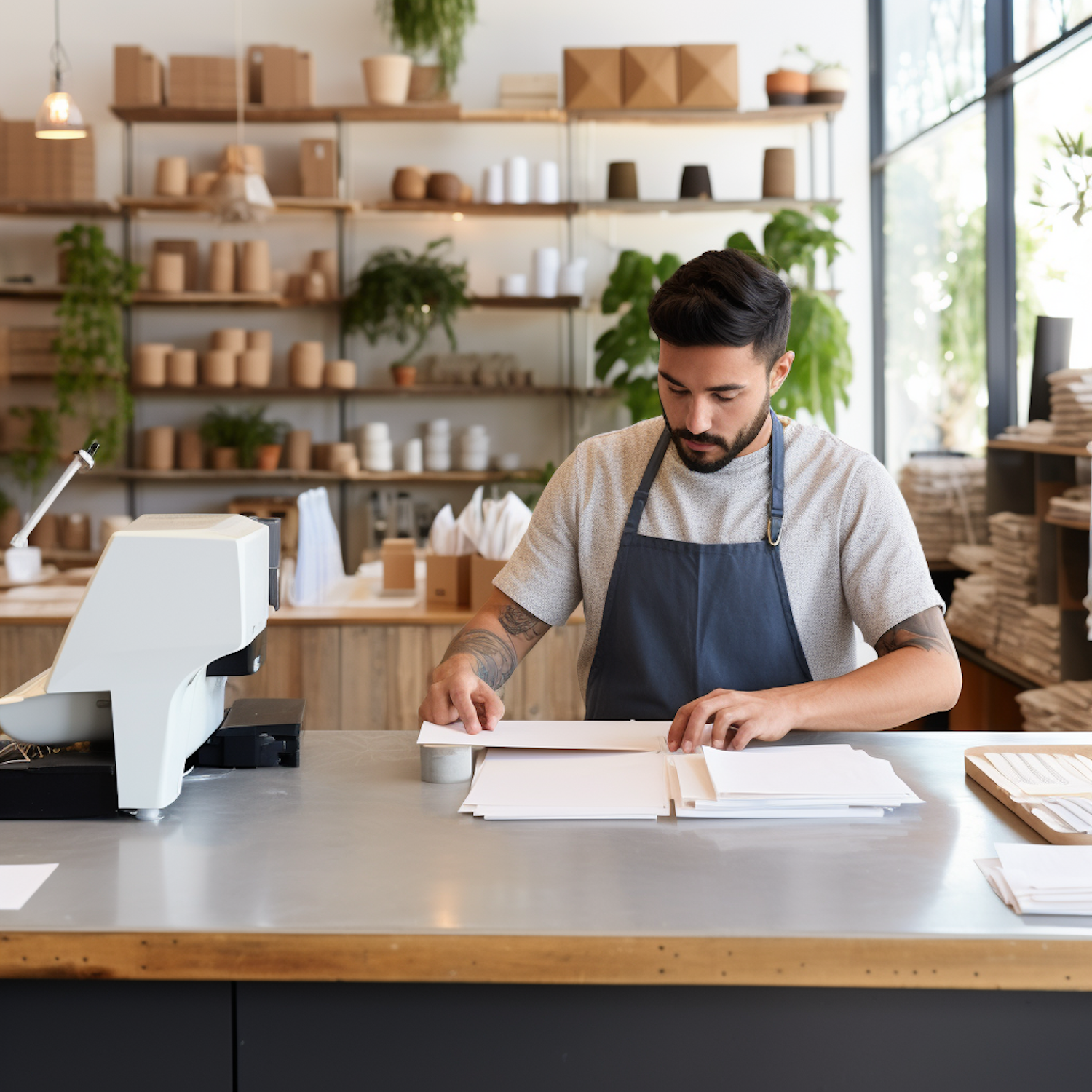 Several retail employees working in a bustling store environment, including a cashier assisting a customer and another associate stocking shelves.