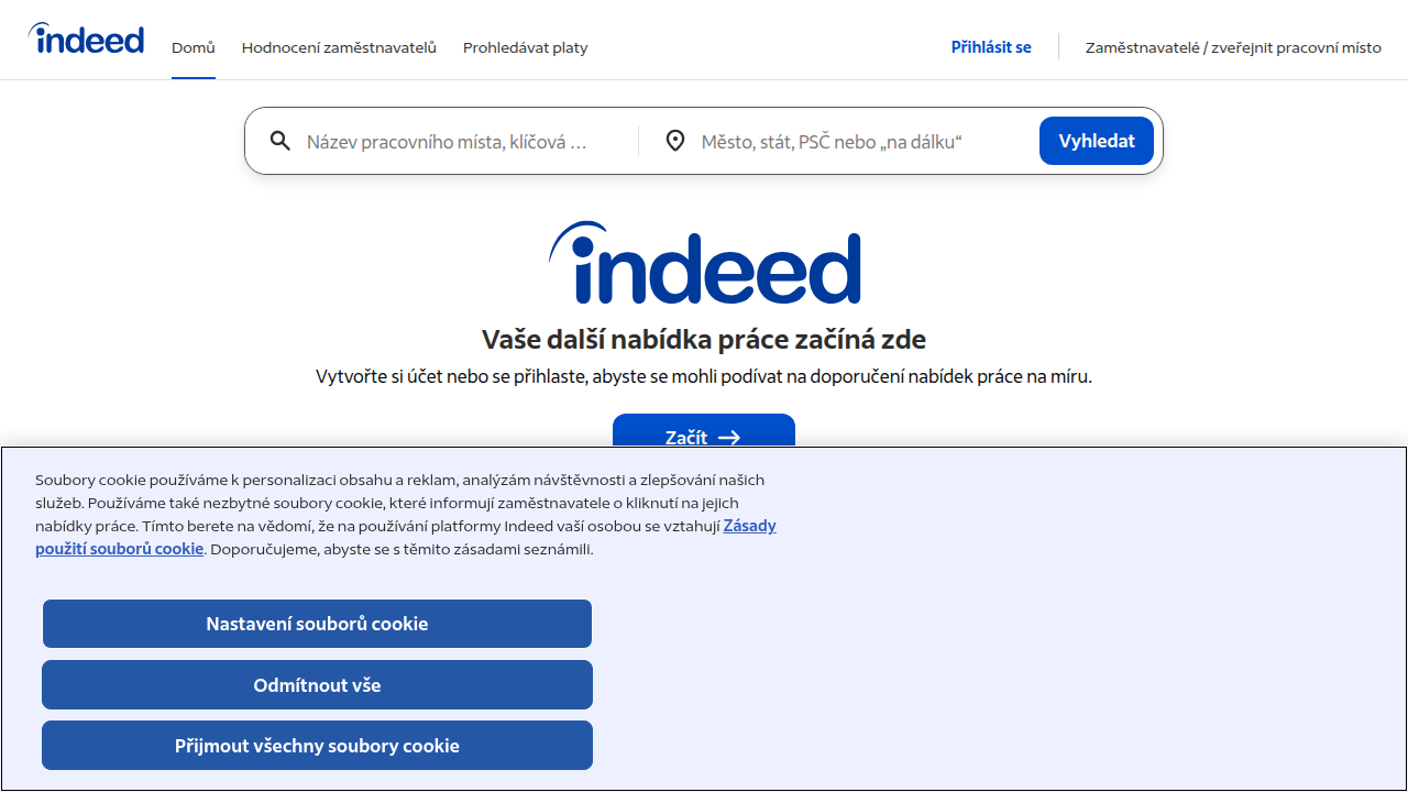 The homepage of Indeed, a prominent job search website, offering tools and resources for job seekers and employers.