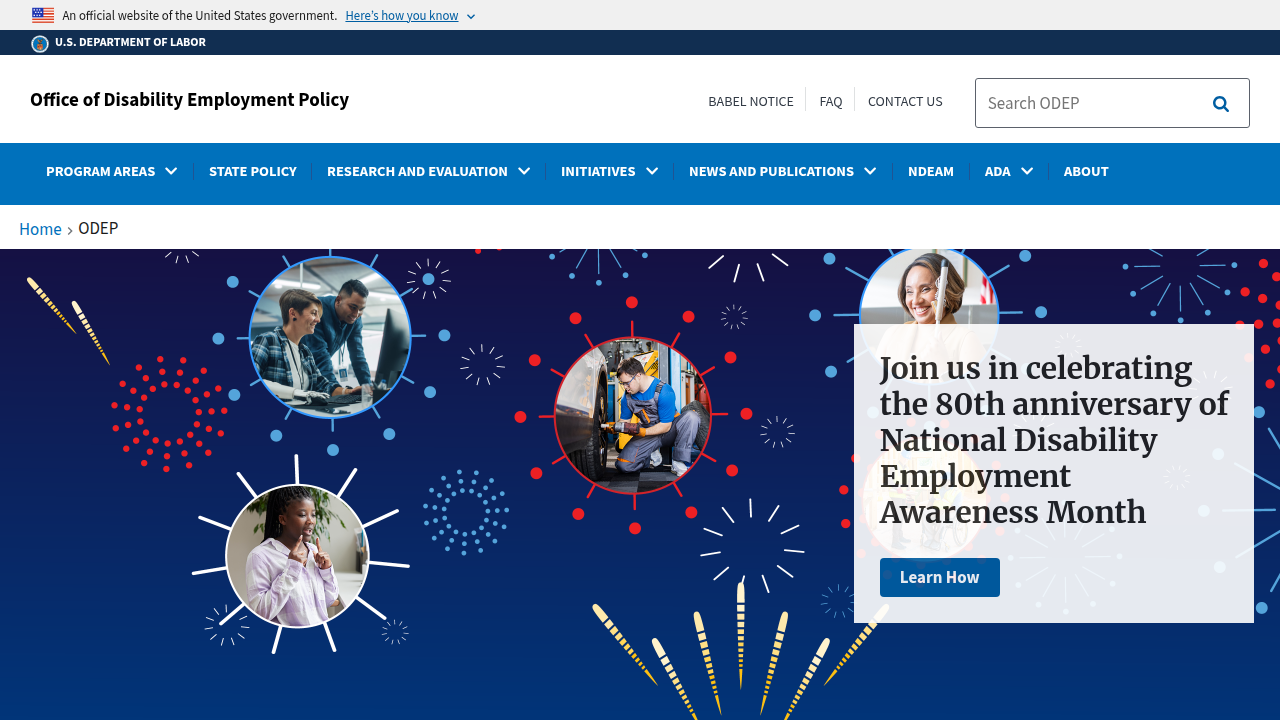 The homepage for the Office of Disability Employment Policy (ODEP) under the U.S. Department of Labor, providing resources on disability employment.