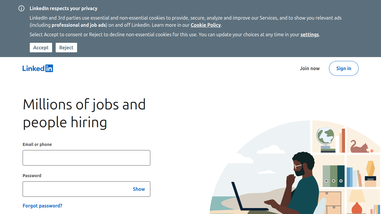 The homepage of LinkedIn Jobs, a widely used platform for searching and applying for professional remote sales roles.