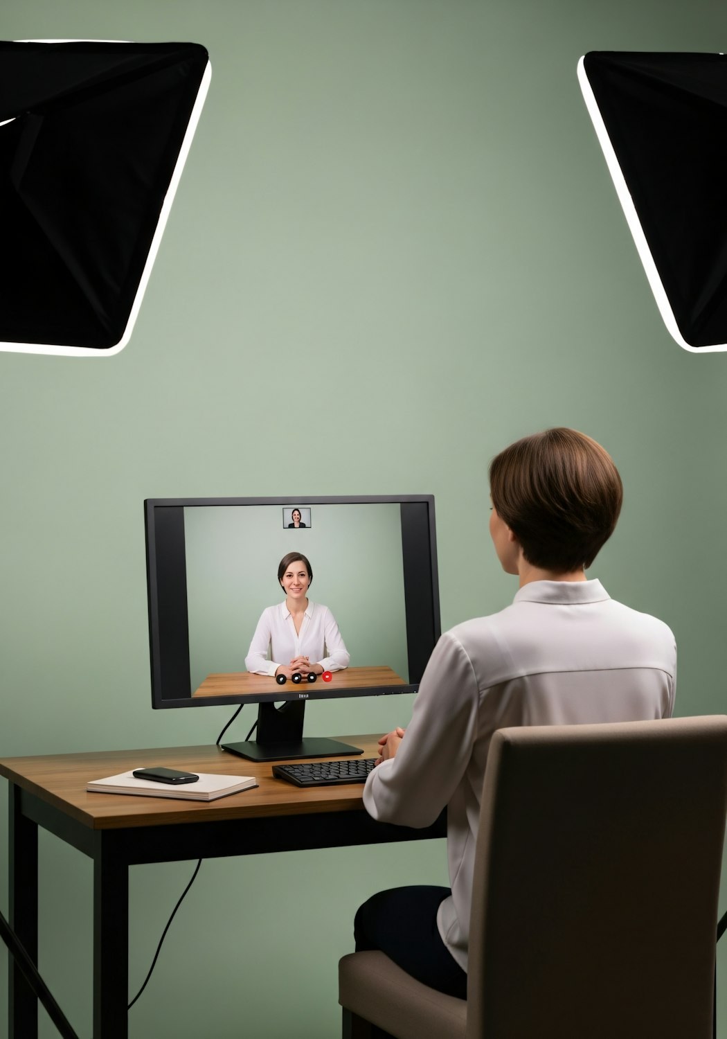 A person professionally dressed, sitting in a quiet, tidy home office, participating in a virtual job interview on a laptop.