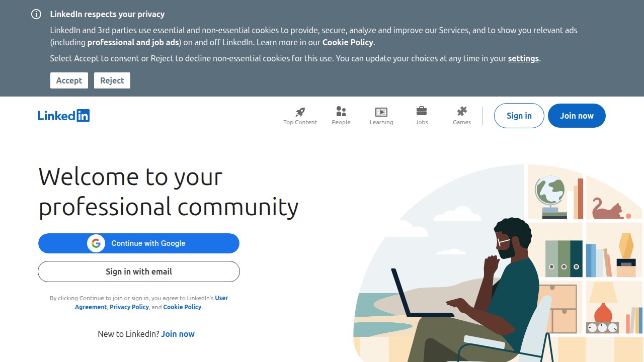 A screenshot of the LinkedIn homepage, highlighting its role as a premier platform for professional networking and senior remote sales job searches.