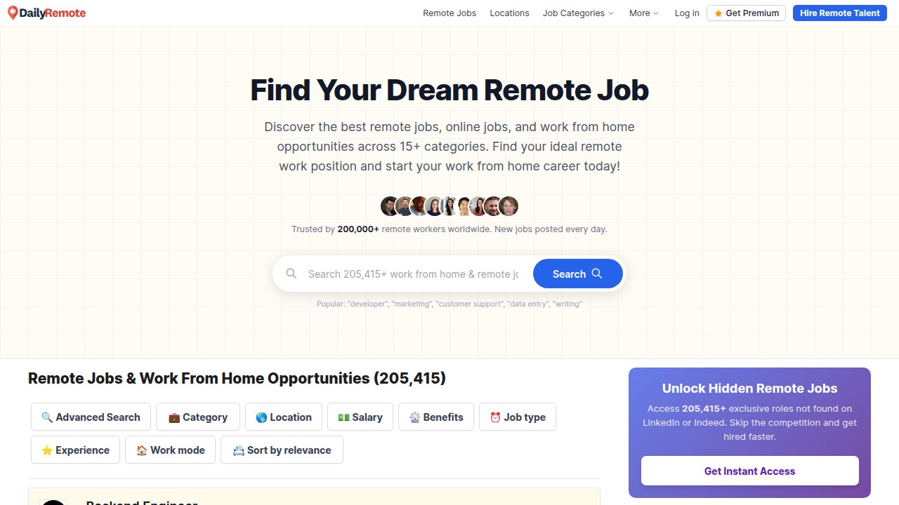 A screenshot of the DailyRemote homepage, showcasing its focus on remote-first startups with transparent salary and equity information.