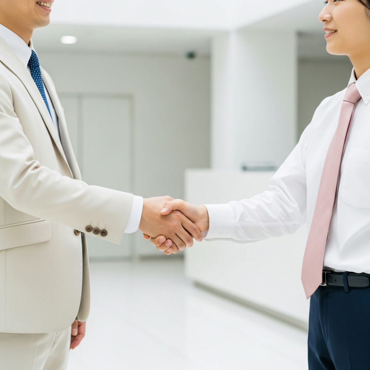 Photo of a candidate and hiring manager shaking hands after an interview to represent the in-person/virtual interview stage.