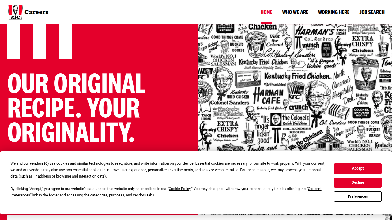 Screenshot of the KFC Global Careers homepage to show where to find company-wide openings and remote/hybrid information.