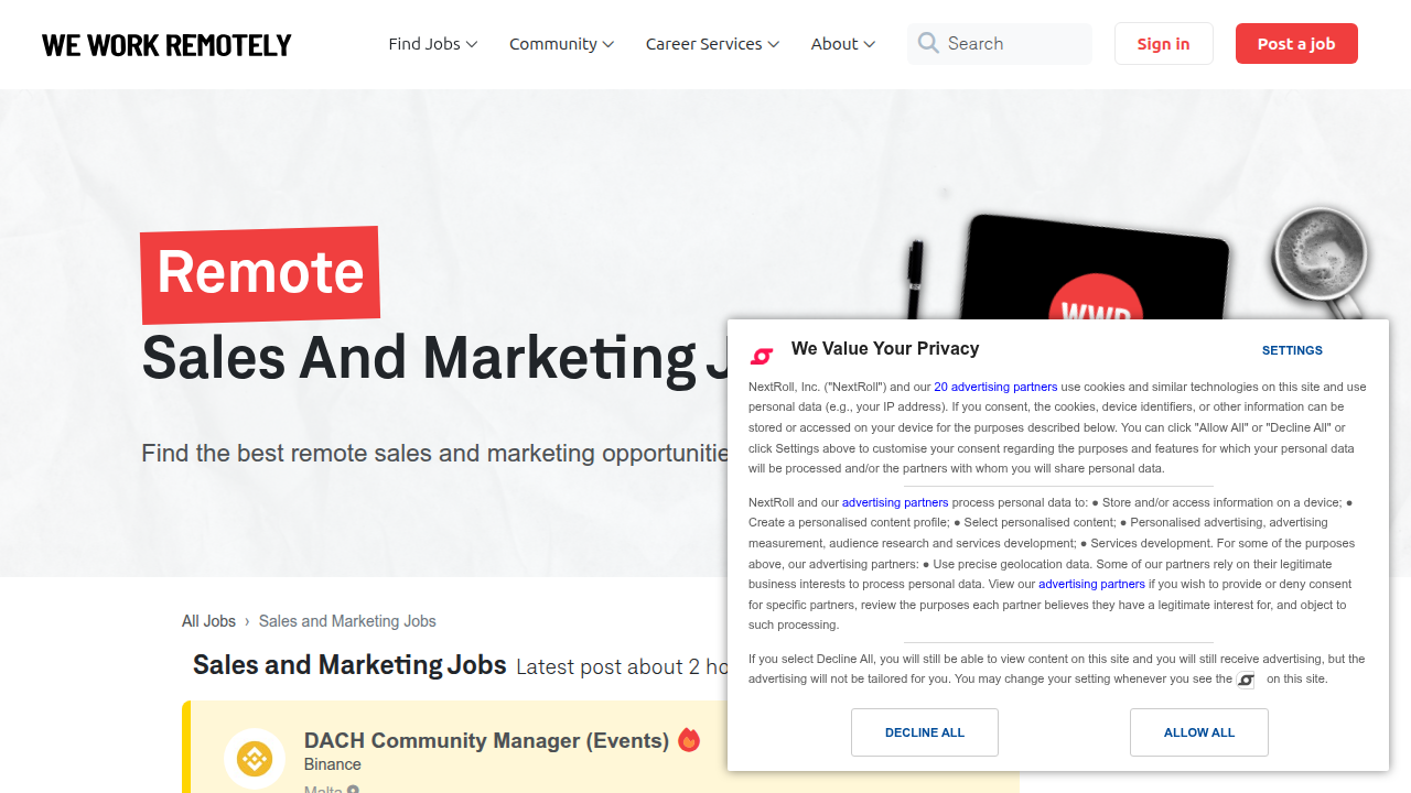A screenshot of the 'Sales and Marketing Jobs' section on We Work Remotely, showcasing a dedicated platform for niche remote job listings.