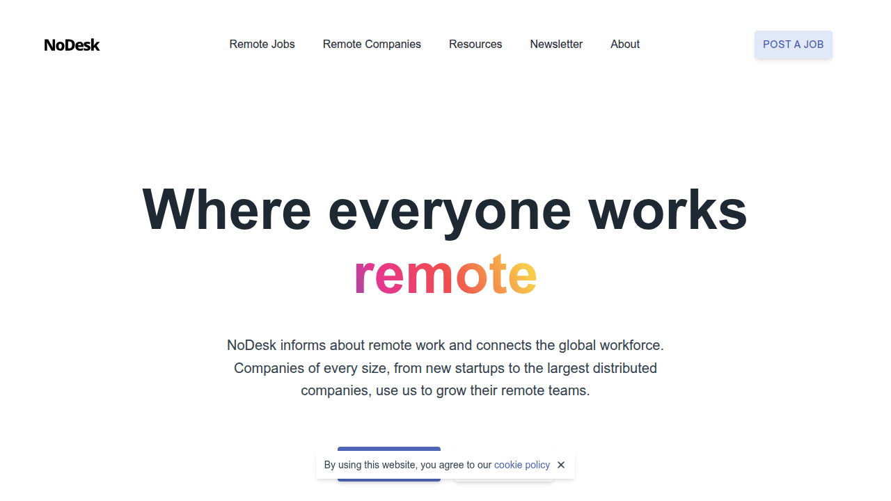 A screenshot of the NoDesk homepage, a simple and direct platform for browsing remote job opportunities without requiring a sign-up.