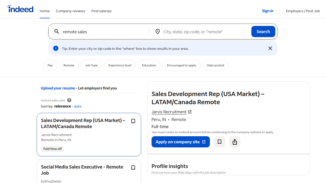 A screenshot of an Indeed search results page for 'remote sales jobs,' demonstrating the vast number of opportunities available on general job platforms.