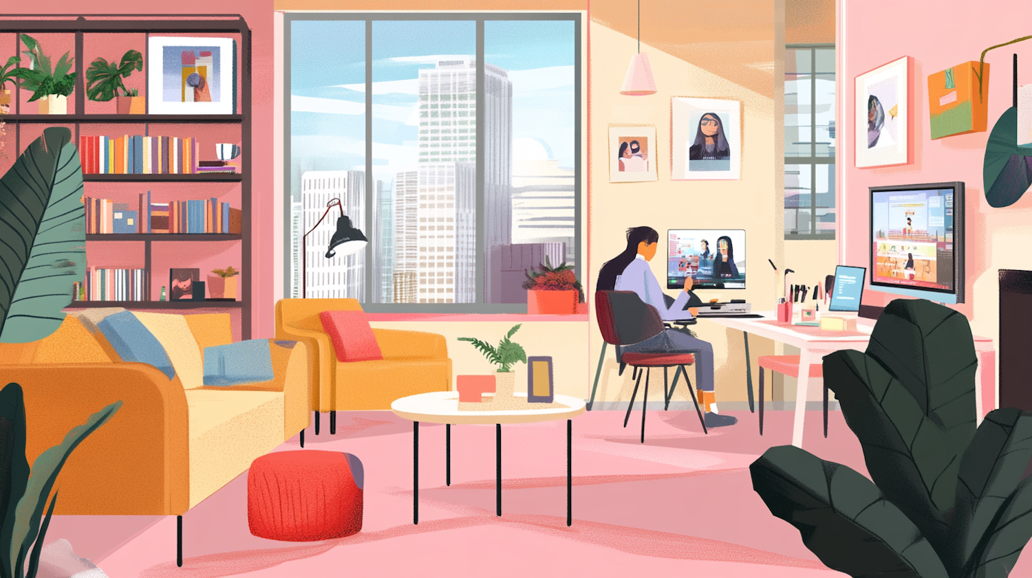 A person works diligently from a home office in an urban apartment, symbolizing the flexibility and opportunity of remote sales jobs in NYC.