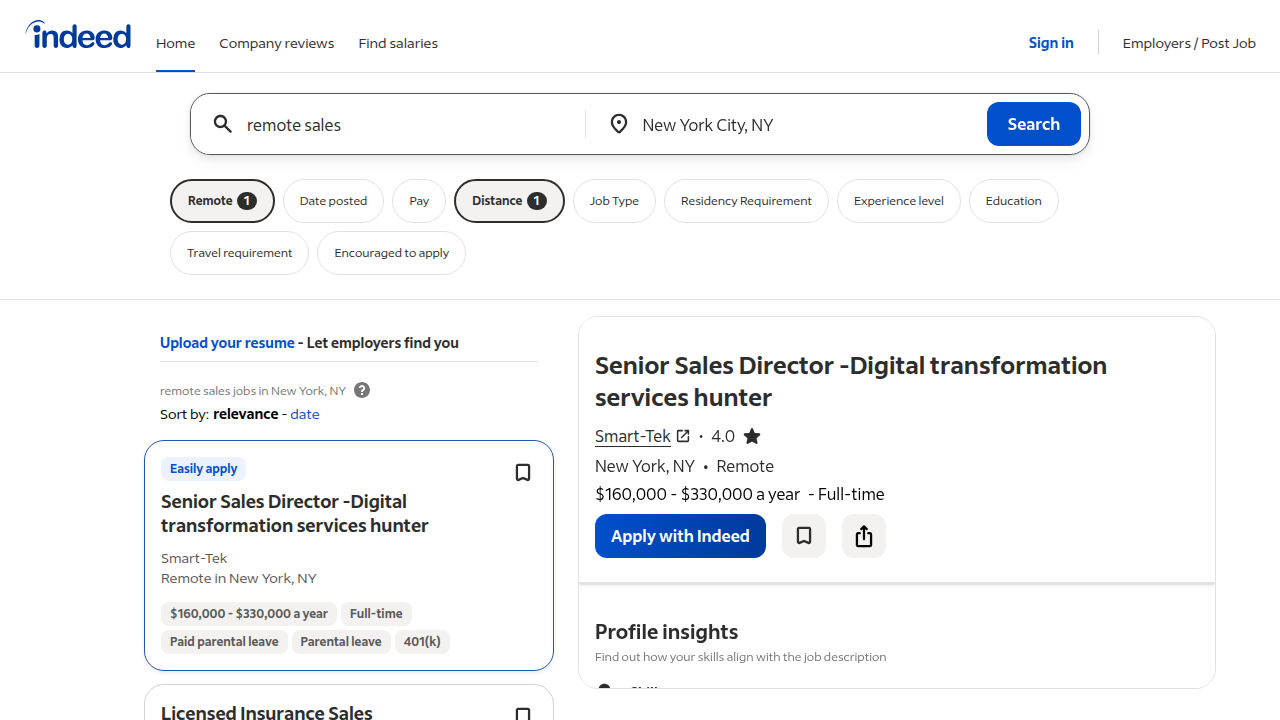A screenshot of Indeed's job search page displaying numerous remote sales job openings in New York City.