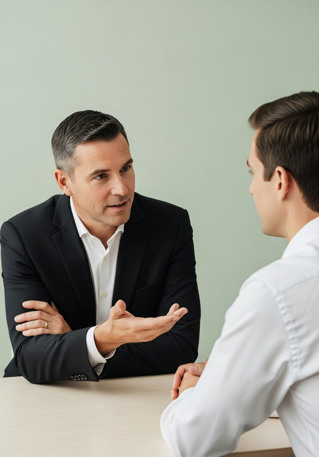 Two people engaged in a professional discussion at a career center, representing support for mock interviews and skill assessments.