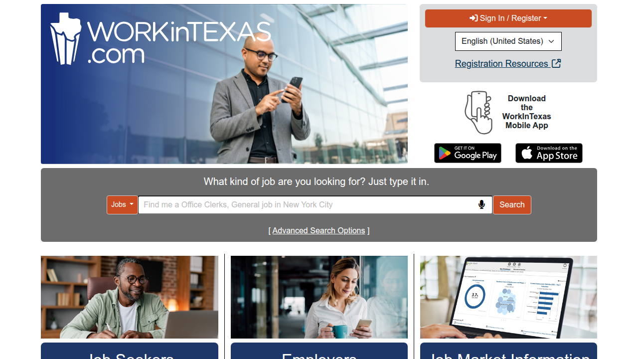 A screenshot of the WorkInTexas.com homepage, a state job portal for Texas workers.
